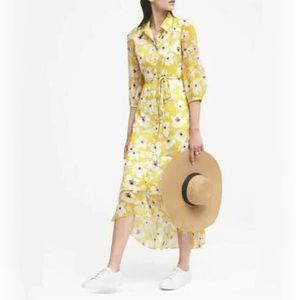 Banana Republic Long Sleeve Yellow Floral Crepe Flowy Maxi Dress size 2